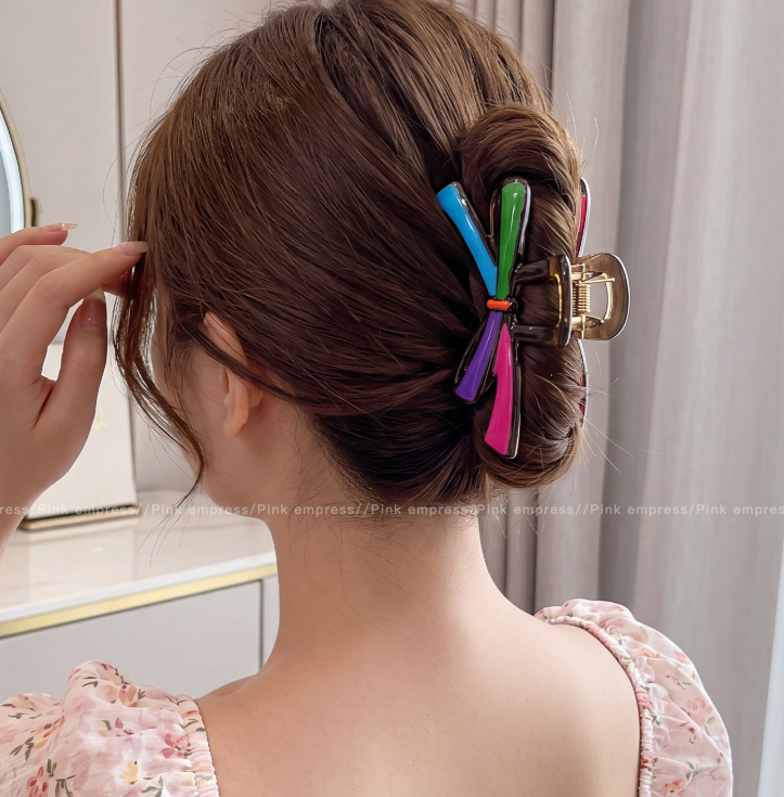 Dopamine Color Contrast Bow Large Shark Hair Claw Clips For Women