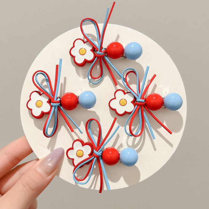 Korean Red Blue Flower Bow Beaded Side Clip